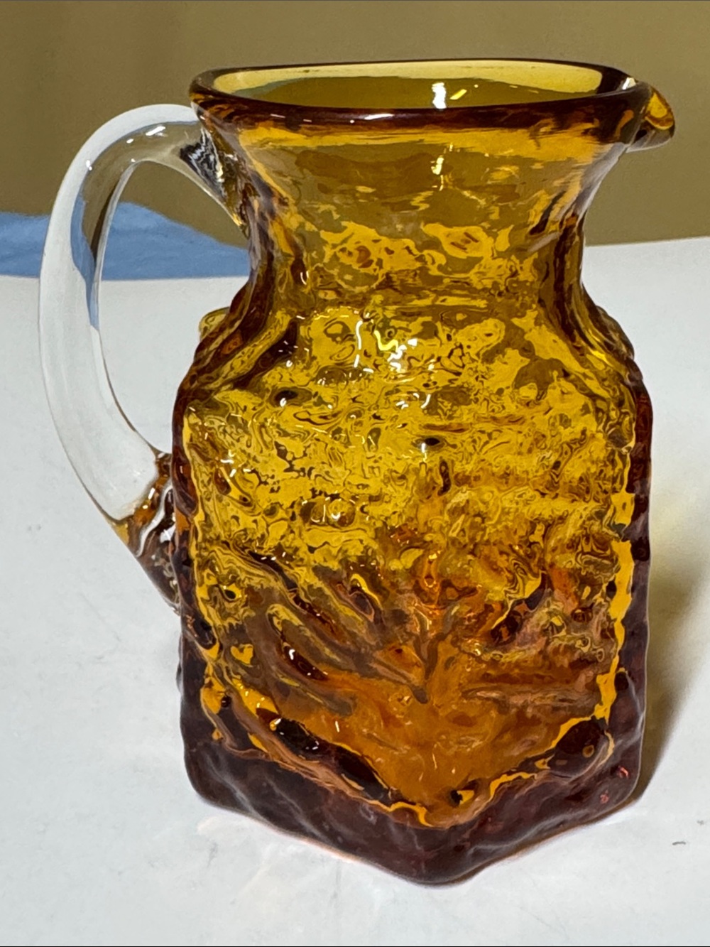 Pilgrim Glass Amber Rock Crystal Mini Pitcher hexagonal hand-blown 4.5” tall